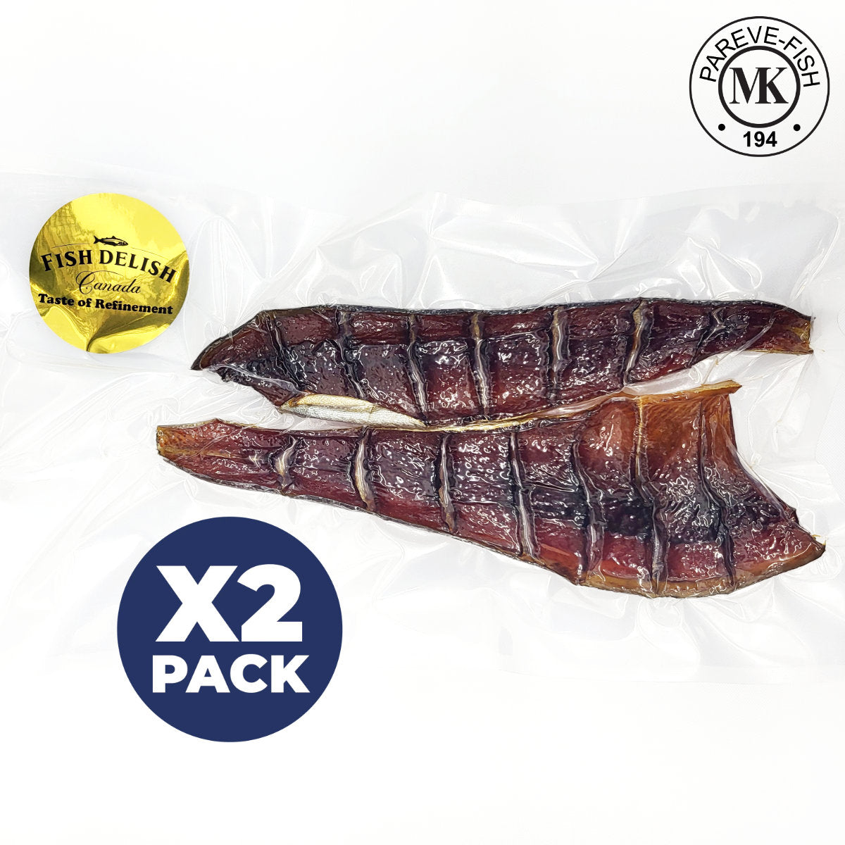 Two dried candied rainbow trout yukola fillets with gold lines on a white background, featuring the MK logo.