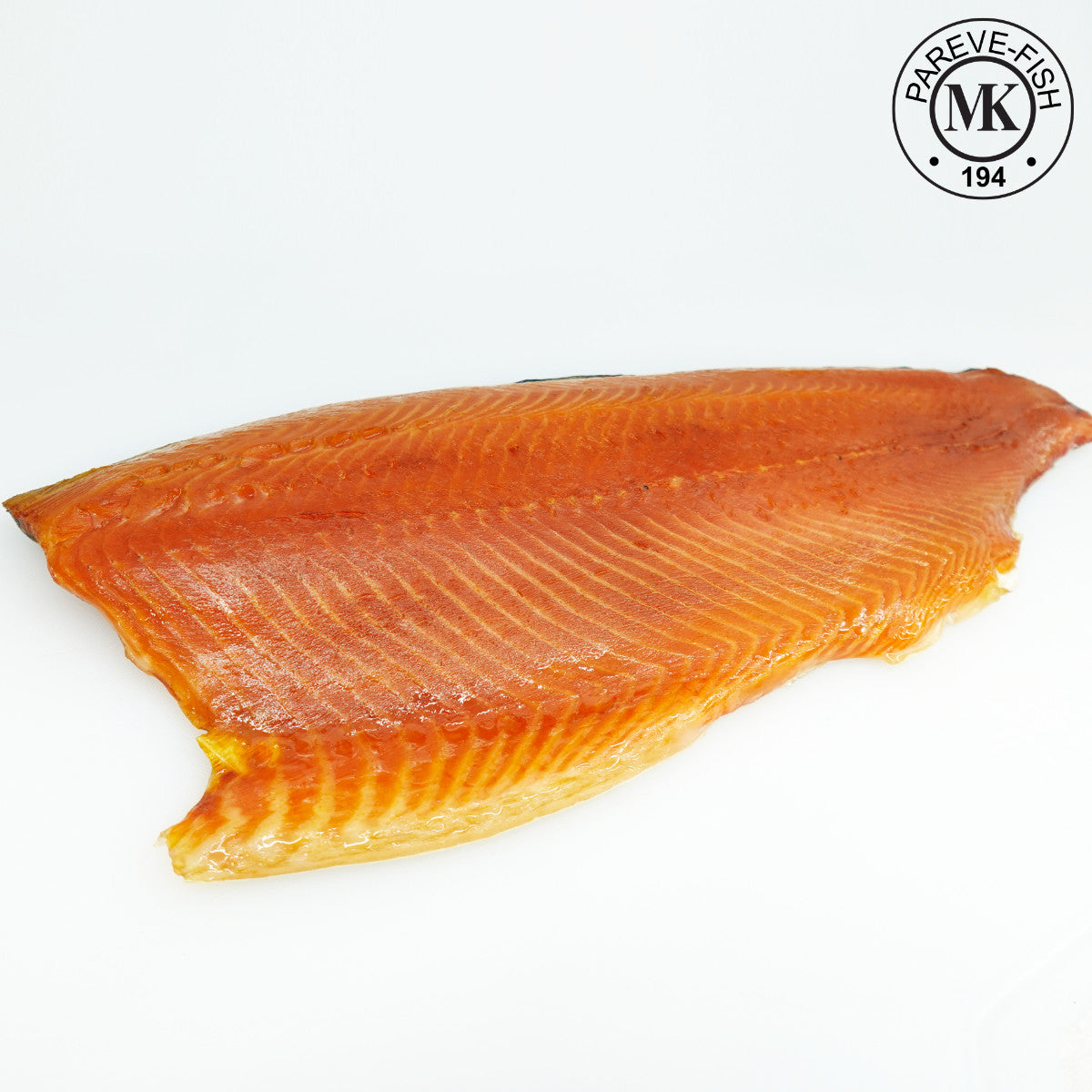Whole side of premium smoked salmon lox with rich orange hue and silky texture